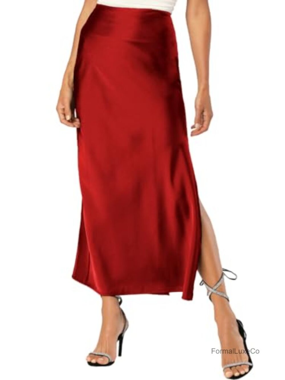 Satin Silk Maxi Slit Skirt Elastic Waistband A-Line Flowy Hem